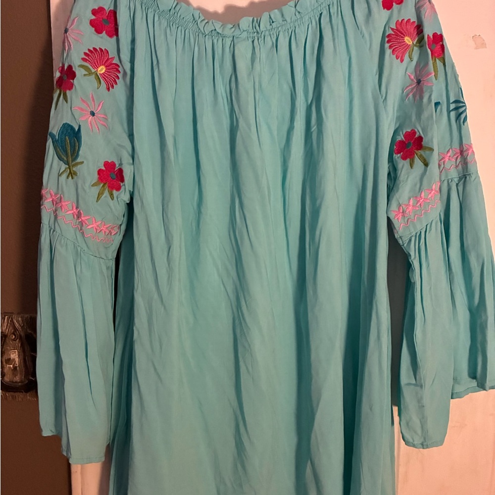 Embroidered Off-Shoulder Blouse - Turquoise Floral